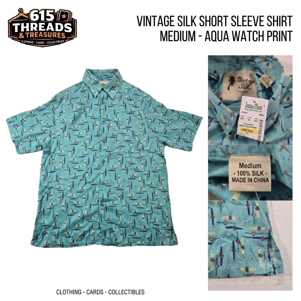 NWT Vintage Silk Circa 1969 Shirt Mens Medium M Aqua 100% Silk Watches Novelty